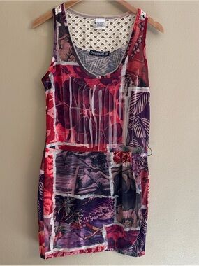 Desigual Women's M Bodycon Short Dress Sleeveless Eyelet Printed *No Belt*